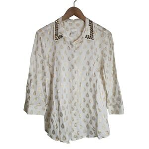 Chico's Button Up Top Women's 1‎ (Medium) Sequin India Cream Gold